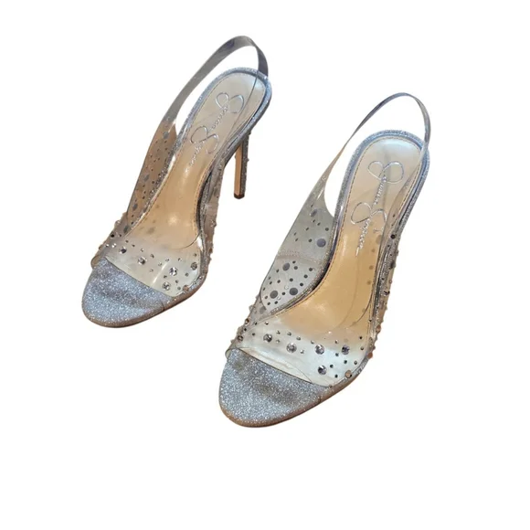Jessica Simpson Silver Clear Glitter Slingback Heels Size 7 - Picture 3 of 14